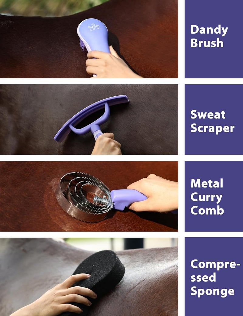 Furrishine 9PCS Horse Grooming Kit Curry Comb Sweat Scraper Horse Bathing Supplies Grooming Tools with Storage Bag Sugar Taro - Image 4
